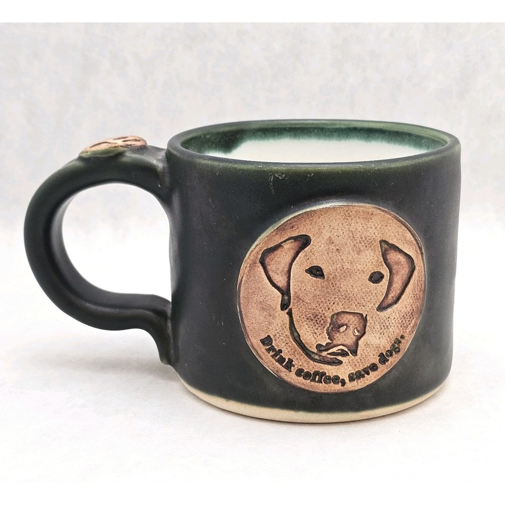 EUC‎ Hugo Coffee Roasters Artisan 12oz Studio Pottery Golden DOG Mug Dark Green
